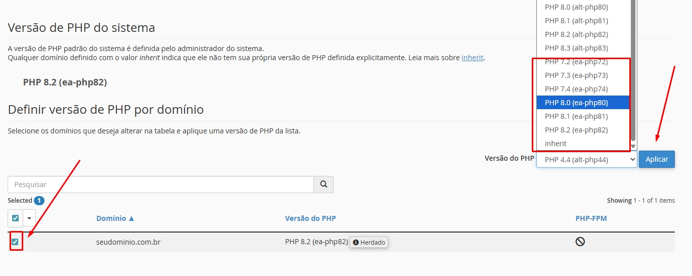 Alterando a versão do PHP